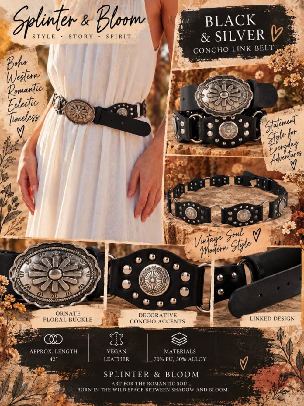 NWT Boho Western Floral Concho Link Belt – Black & Silver